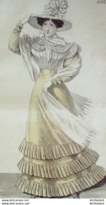 Gravure de mode Costume Parisien 1825 n°2333 Robe mousseline canezou d'organdi