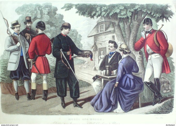 Gravure Mode Musee 1864- 8 (Old Fashion plate) Rare La Chasse à coure
