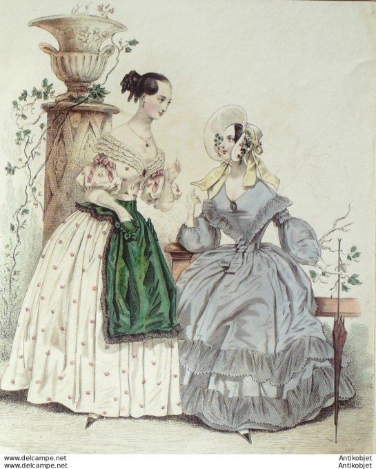 Gravure de mode Costume Parisien 1838 n°3575 Robe de Jaconas imprimé