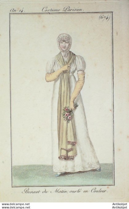 Gravure de mode Costume Parisien 1805 n° 674 (An 14) Bonnet du matin ourlé
