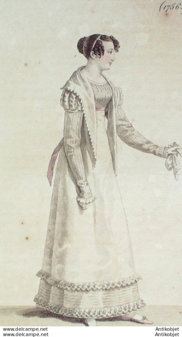 Gravure de mode Costume Parisien 1818 n°1756 Robe perkale à la Vierge