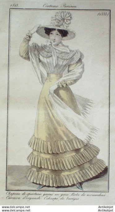 Gravure de mode Costume Parisien 1825 n°2333 Robe mousseline canezou d'organdi