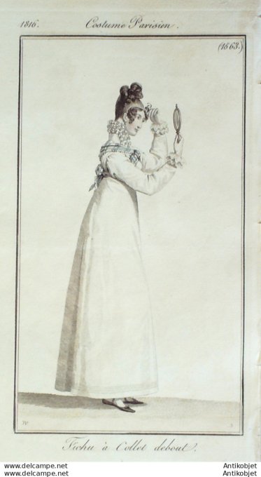 Gravure de mode Costume Parisien 1816 n°1563 Fichu à collet debout