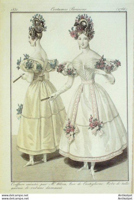 Gravure de mode Costume Parisien 1830 n°2766 Robe de tulle garnie de ruban