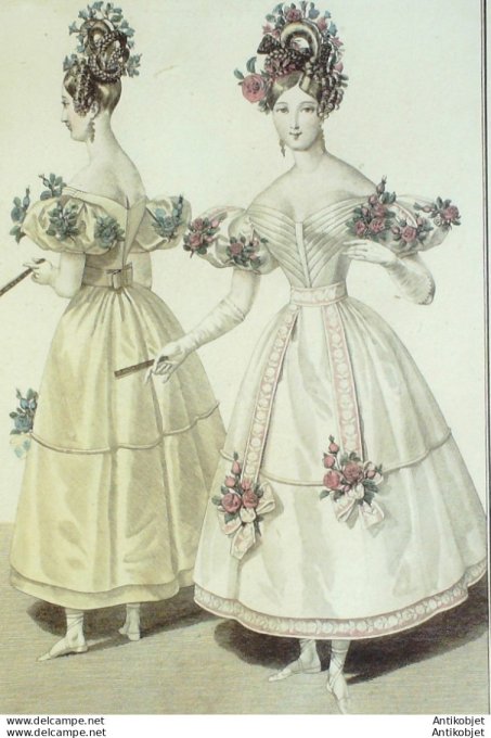 Gravure de mode Costume Parisien 1830 n°2766 Robe de tulle garnie de ruban