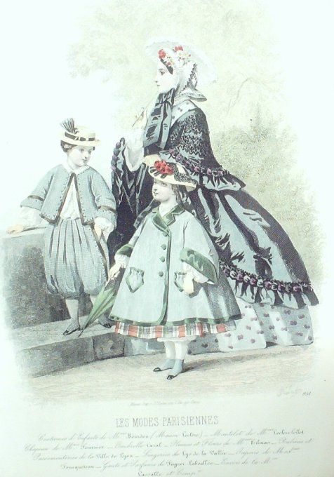 Gravure Les Modes Parisiennes 1861 # 951 Robe Jersey Costumes enfants Maison Bourdou