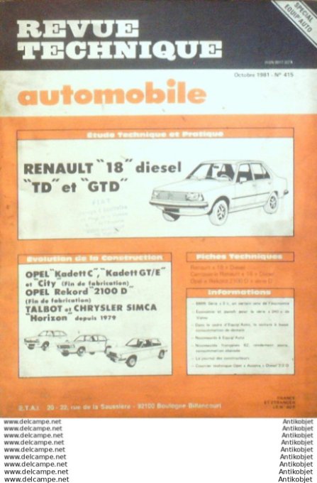 R.T Automobile Renault 18 Bmw série 5 Opel Kadett & Record Talbot   # 415