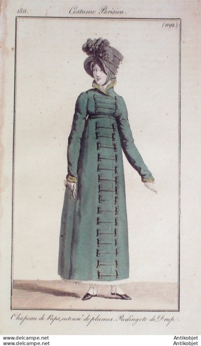 Gravure de mode Costume Parisien 1811 n°1192 Redingote de drap