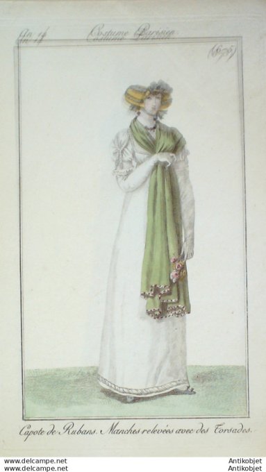 Gravure de mode Costume Parisien 1805 n° 675 (An 14) Capote de rubans