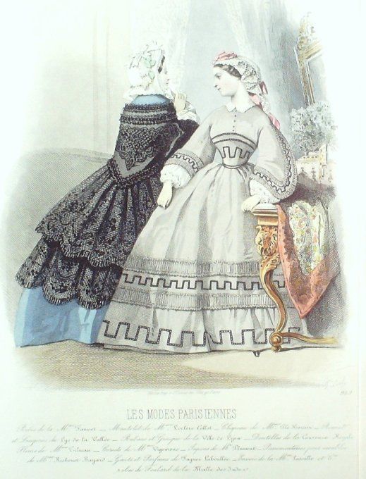 Gravure Les Modes Parisiennes 1861 # 953 Robes satin Maison Fauvet