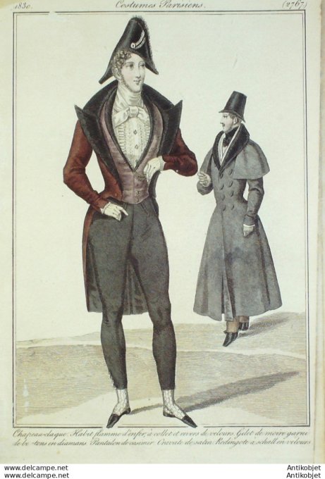 Gravure de mode Costume Parisien 1830 n°2767 Redingote shall habit flamme homme