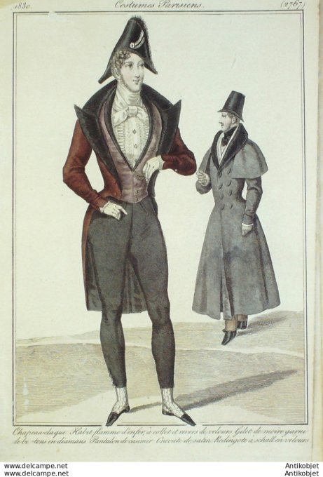 Costume Parisien 1830 # 2767 Redingote shall habit flamme homme