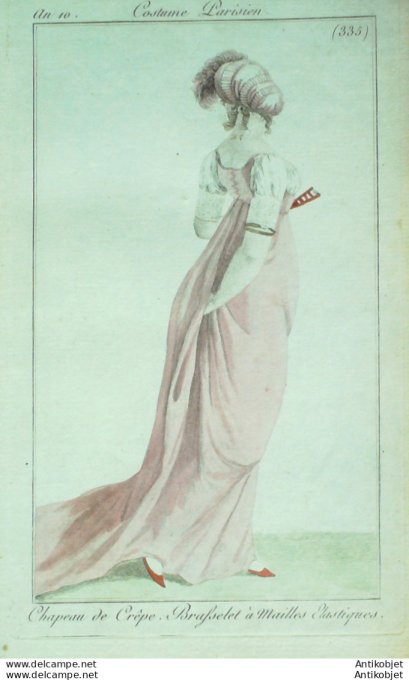 Gravure de mode Costume Parisien 1801 n° 335 (An 10) Chapeau de crêpe Bracelet