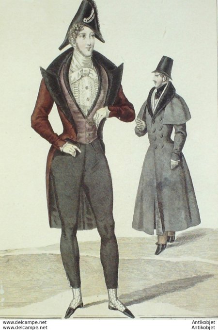 Gravure de mode Costume Parisien 1830 n°2767 Redingote shall habit flamme homme