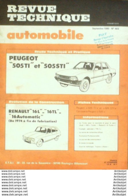 R.T Automobile Peugeot 505 Renault 16 Audi 200 Triumph   # 403