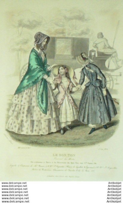 Gravure Mode Le Bon Ton 1846 13 #  8 (aquarelle old fashion plate)  Caleche
