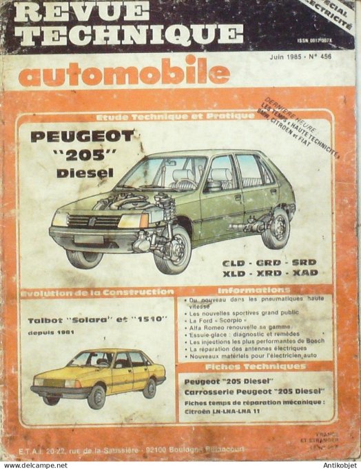 Revue Tech. Automobile 1985 n°456 Peugeot 205 Talbot Solara & 1510