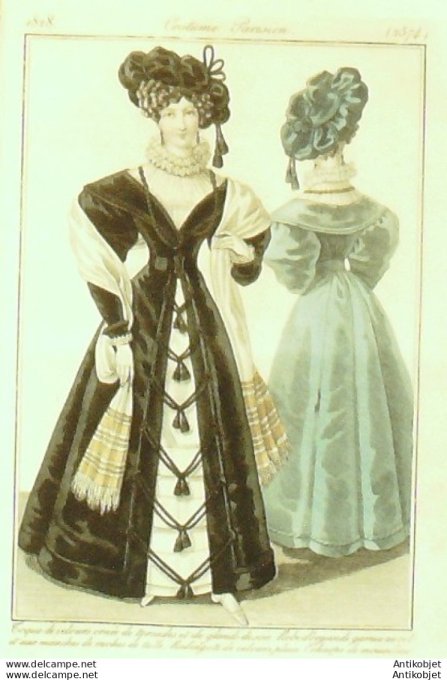 Gravure  de mode Costume Parisien 1825 n°2311 Robes de satin et tulle garnies