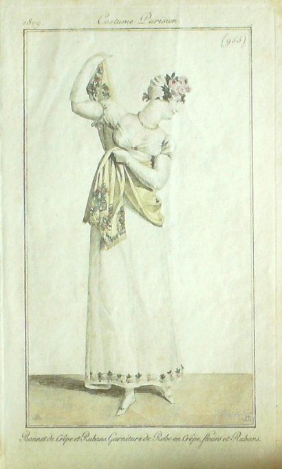 Gravure Mode Costume Parisien 1809 #  955 (eau forte old Fashion plate
