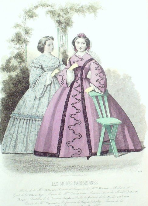 Gravure Les Modes Parisiennes 1861 # 955 Robes gros de Turin Maison Plé-Horain