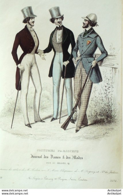 Gravure de mode Costume Parisien 1838 n°3576 Costumes drap et velours homme