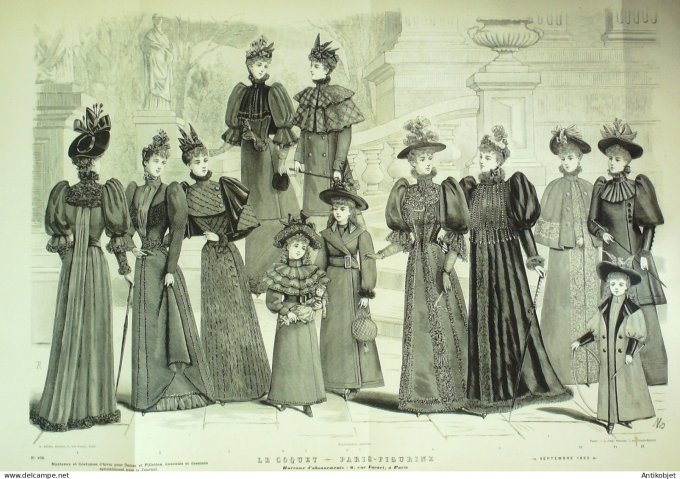 Gravure de mode Le Coquet 1886 n°04 (Maison Toche) Robe de ville Gd format