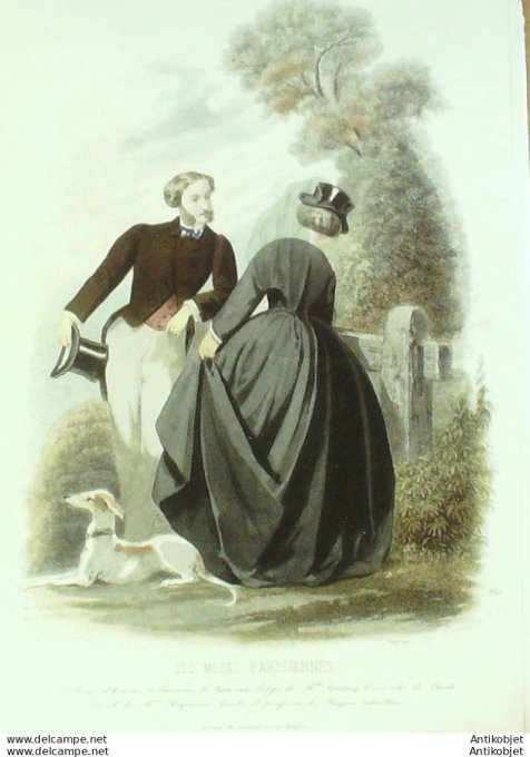 Gravure Les Modes Parisiennes 1859 # 842 Amazone costume piuqua Maison Haumann chien