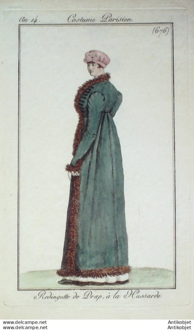Gravure de mode Costume Parisien 1805 n° 676 (An 14) Redingote de drap à la hussarde
