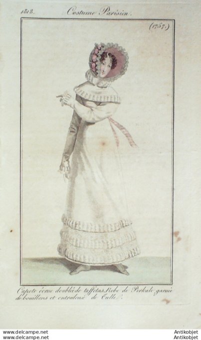 Gravure de mode Costume Parisien 1818 n°1757 Robe perkale garnie de bouillons