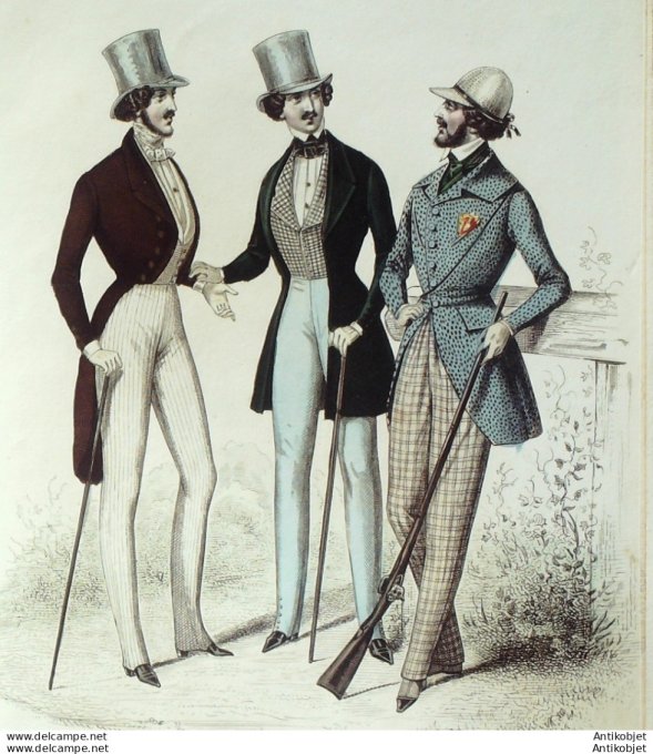 Gravure de mode Costume Parisien 1838 n°3576 Costumes drap et velours homme