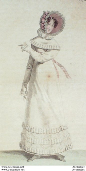 Gravure de mode Costume Parisien 1818 n°1757 Robe perkale garnie de bouillons