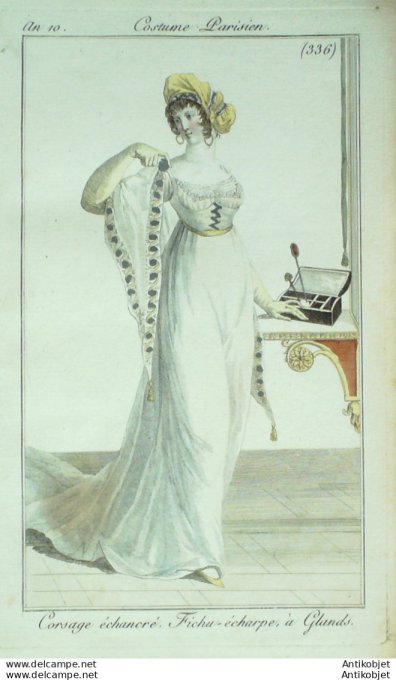Gravure de mode Costume Parisien 1801 n° 336 (An 10) Corsage échancré Fichu