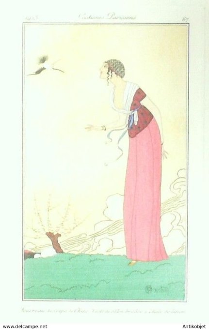 Gravure Costume Parisien 1913 # 67 Martin Charles (eau forte) Fourreau crêpe veste satin