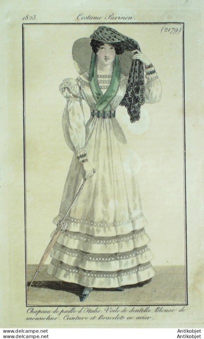 Gravure de mode Costume Parisien 1823 n°2179 Blouse de mousseline