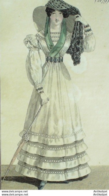 Gravure de mode Costume Parisien 1823 n°2179 Blouse de mousseline