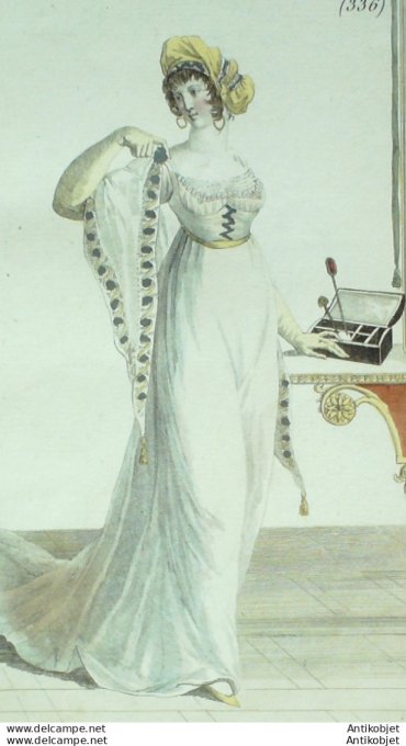 Gravure de mode Costume Parisien 1801 n° 336 (An 10) Corsage échancré Fichu