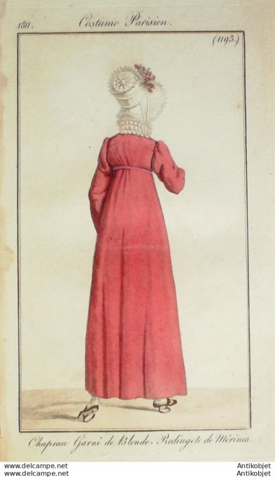 Gravure de mode Costume Parisien 1811 n°1193 Redingote de Mérinos