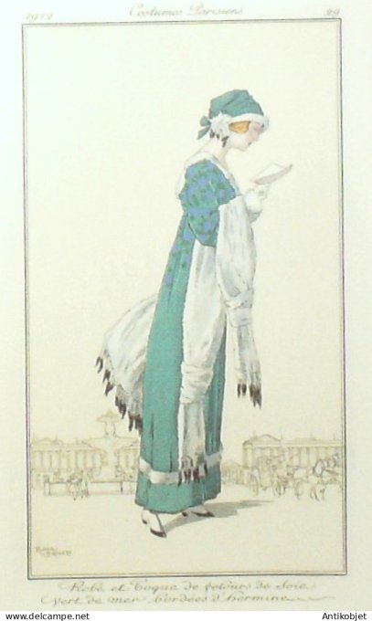 Gravure de mode Costume Parisien 1912 pl.29 BRODERS Roger Robe de toque