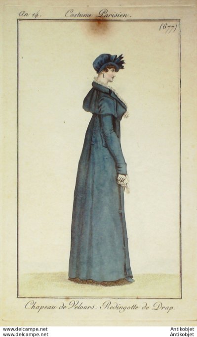 Gravure de mode Costume Parisien 1805 n° 677 (An 14) Redingote de drap