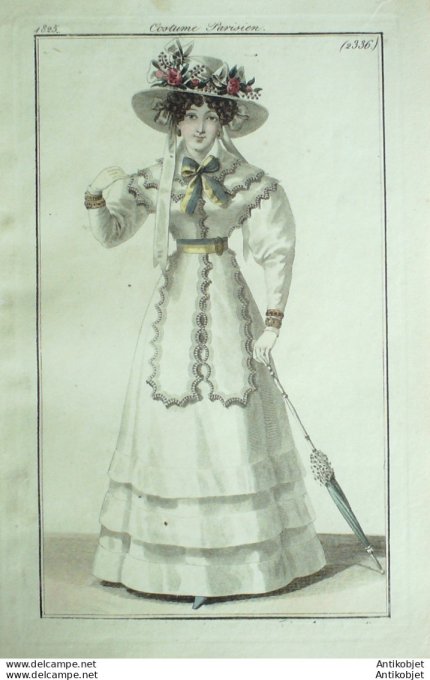 Gravure de mode Costume Parisien 1825 n°2336 Robe perkale fichu de mousseline