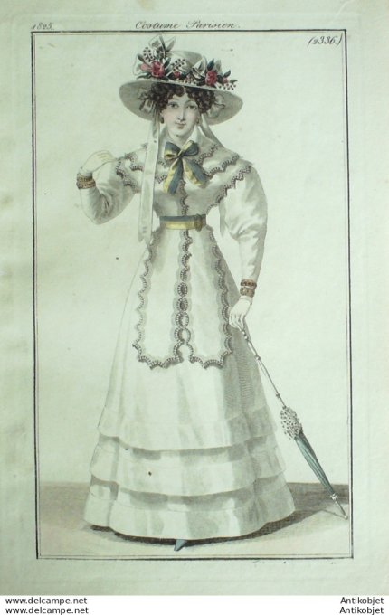 Costume Parisien 1825 # 2336 Robe perkale fichu de mousseline