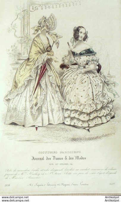 Gravure de mode Costume Parisien 1838 n°3577 Robe mousseline & organdi