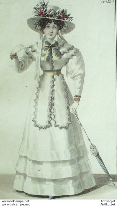Gravure de mode Costume Parisien 1825 n°2336 Robe perkale fichu de mousseline