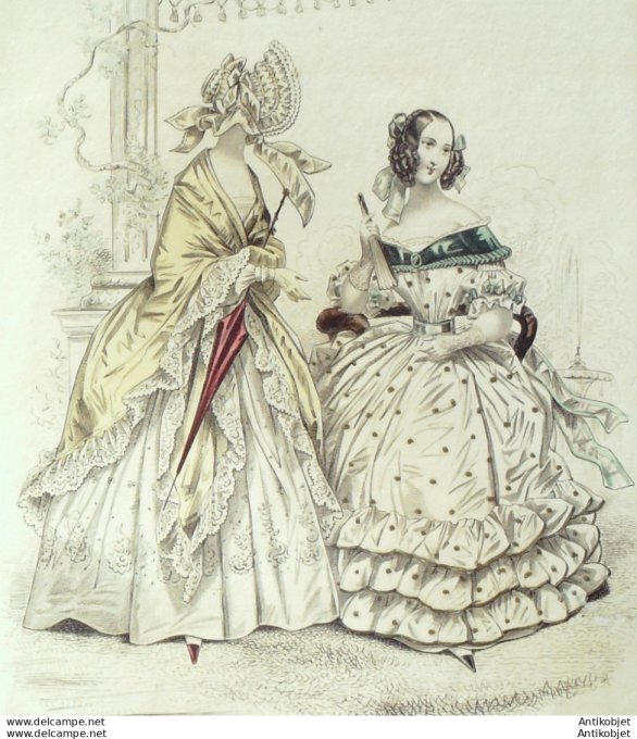 Gravure de mode Costume Parisien 1838 n°3577 Robe mousseline & organdi