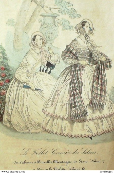 Gravure Mode Le Follet 1838 # 407 (aquarelle Old Fashion plate)