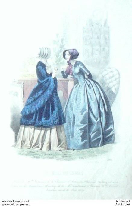 Gravure Les Modes Parisiennes 1847 # 293 Robes en tissu Maison Couchonnal
