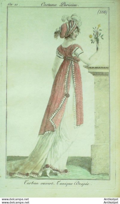 Gravure de mode Costume Parisien 1801 n° 338 (An 10) Tunique drapée
