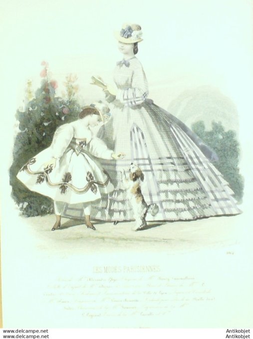 Gravure Les Modes Parisiennes 1863 #1064 Robe vichy brodée Maison Ghys Chien