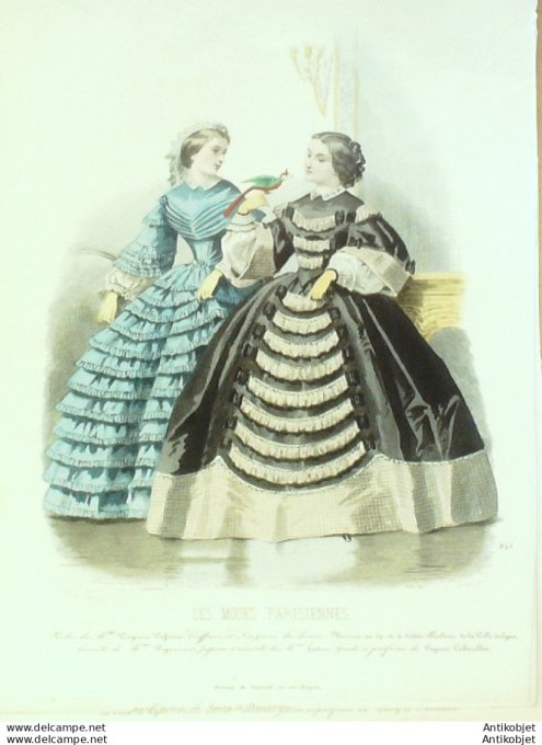 Gravure Les Modes Parisiennes 1859 # 845 Robes d'intérieur Maison Vafseno
