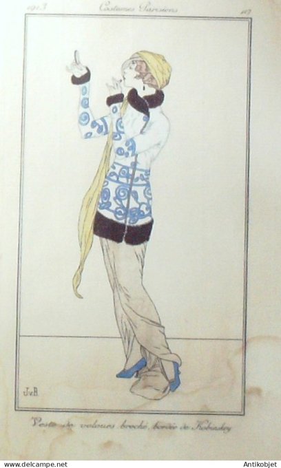 Gravure de mode Costume Parisien 1913 pl.117b VAN BROCK Jan Veste velours